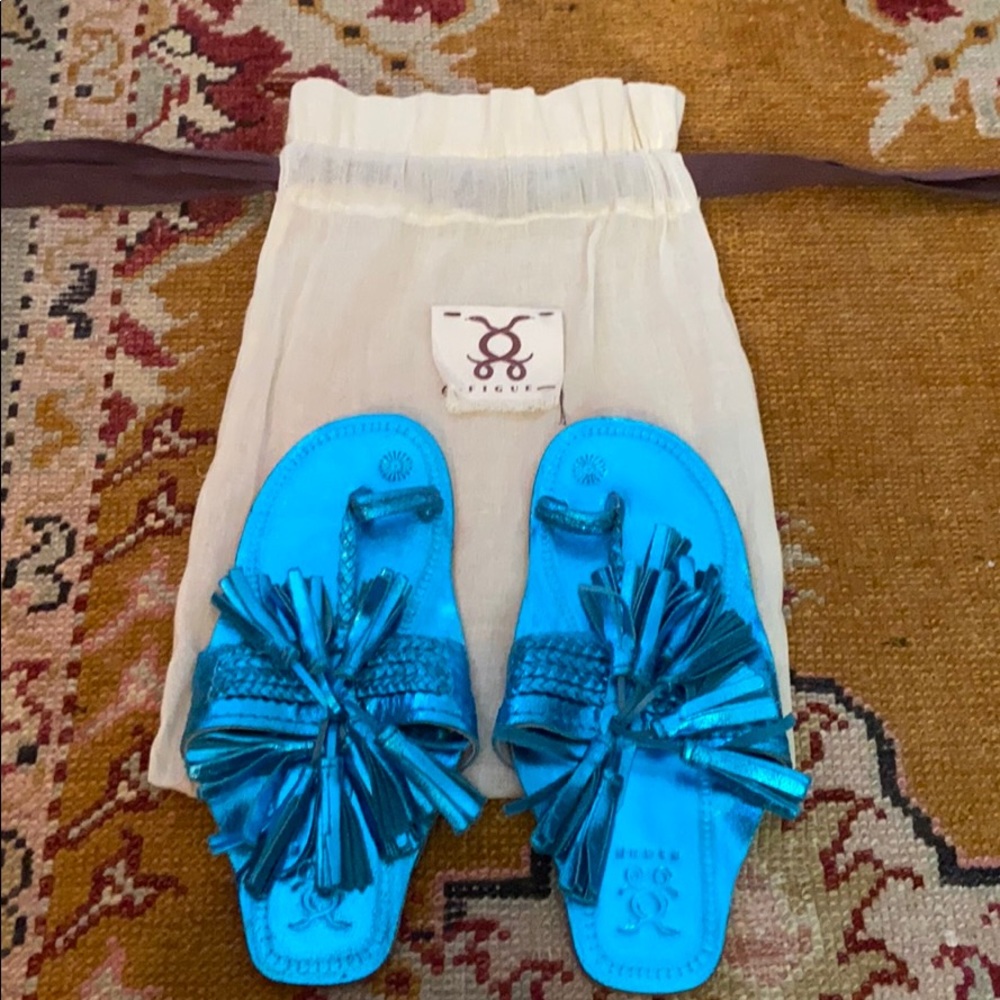 Figue blue metallic fringe sandals with shoe bag
